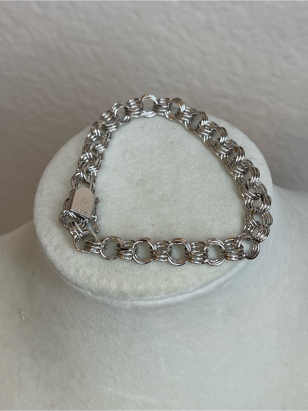 Vintage Designer Charm Bracelet Sterling Silver 7.5" Triple Link Rhodium Plated